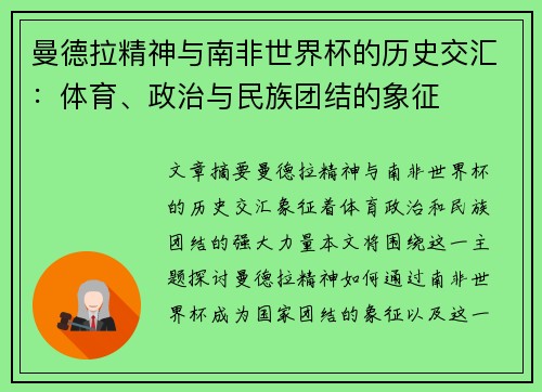 曼德拉精神与南非世界杯的历史交汇：体育、政治与民族团结的象征