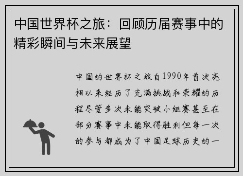 中国世界杯之旅：回顾历届赛事中的精彩瞬间与未来展望